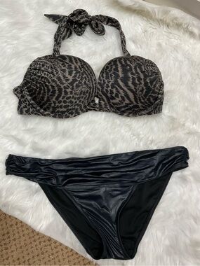 Bombshell Victorias Secret Black & Taupe Animal Print Halter Bikini Set
